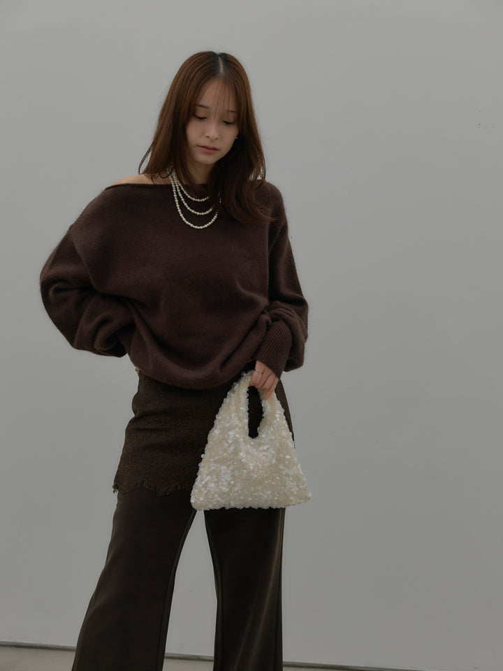 【SET】【premium touch】2wayショルダーニットプルオーバー+レースレイヤードセミフレアパンツ(2set)