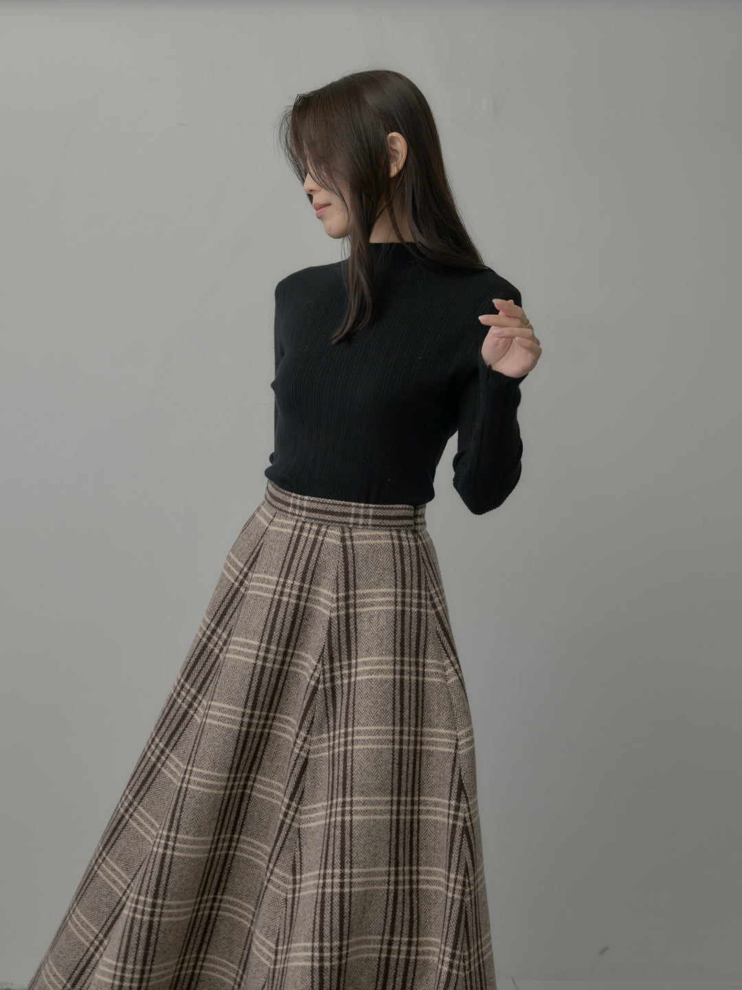 【SET】リブニットタートルネック+【Essential】クラシカルチェックウールタッチスカート(2set)