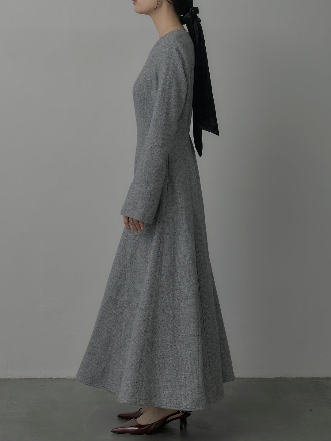 【Essential】2wayスリーブヘリンボーンフレアワンピース