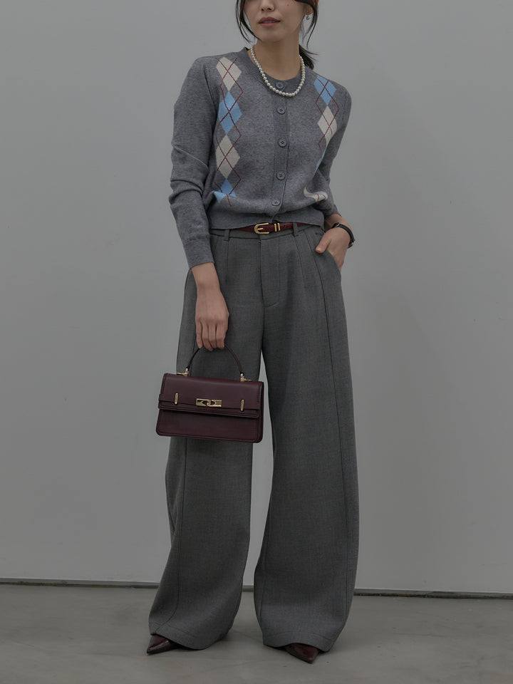 【SET】アーガイル柄ニットカーディガン+裏起毛デザインワイドパンツ(2set)