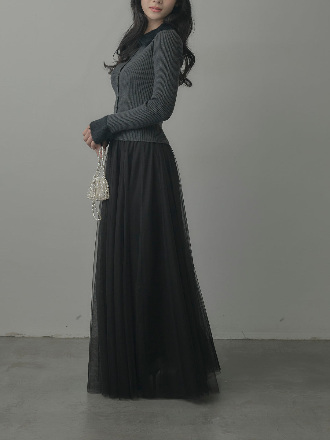 【SET】シャギー襟リブニットポロトップス+ボリュームチュールスカート(2set)