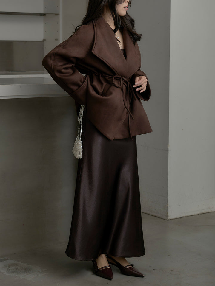 【SET】BIGカラースウェードジャケット+ナローAラインサテンスカート(2set)