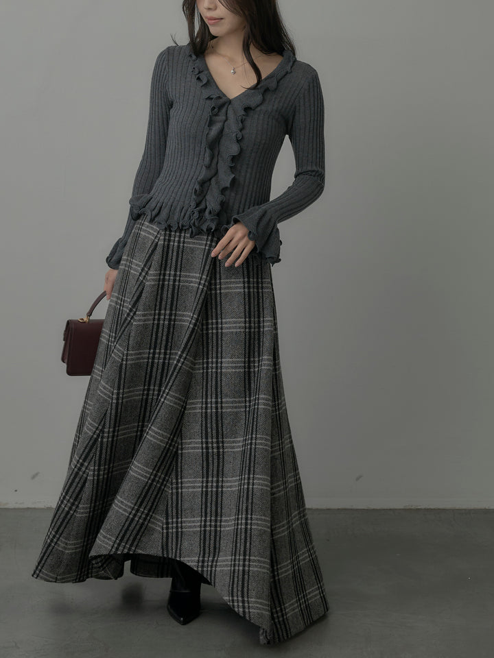 【SET】Vネックフリルデザインニットトップス+【Essential】クラシカルチェックウールタッチスカート(2set)