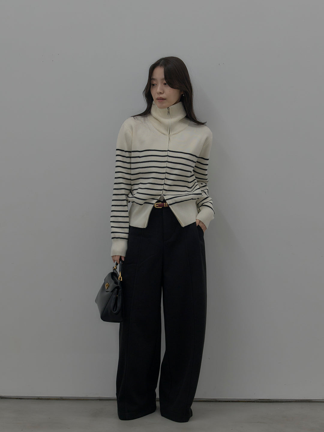 【SET】比翼仕立てサテンシャツ+裏起毛センターシームタックワイドパンツ(2set)