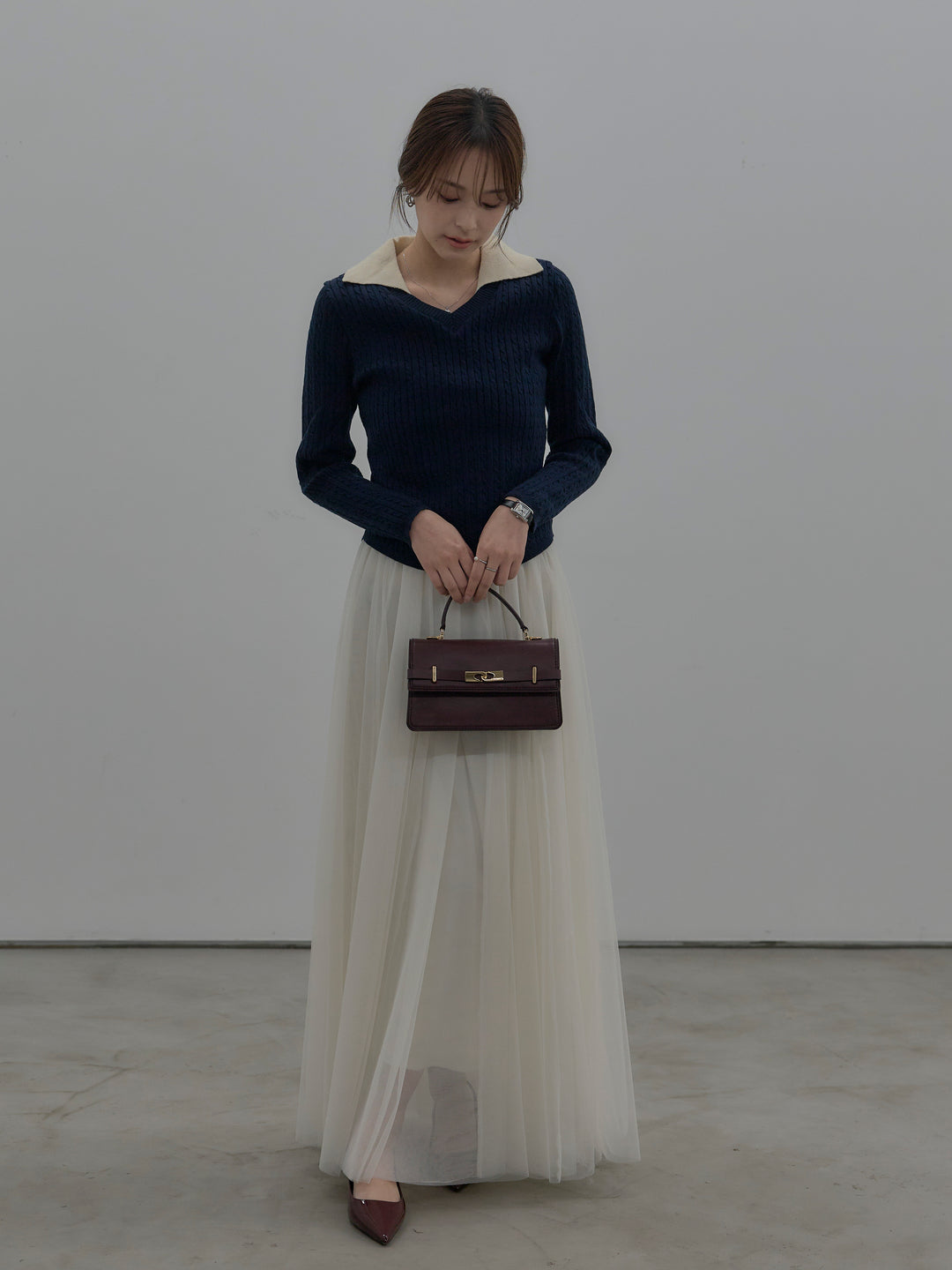【SET】配色Vネックケーブルニットトップス+ボリュームチュールスカート(2set)