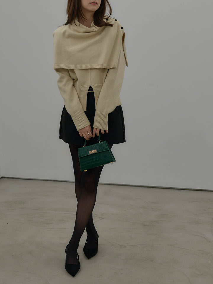 【SET】ケープ付き2WAYフロントスリットニットトップス+ウールタッチミニショートパンツ(2set)