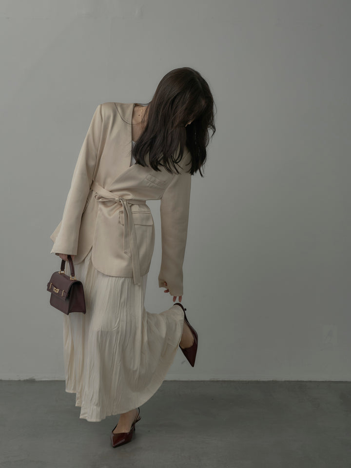 【SET】ノーカラーサテンジャケット+ベロアワッシャープリーツスカート(2set)