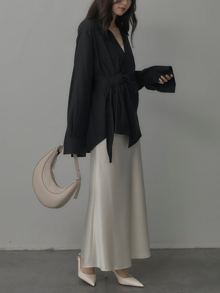 【SET】フロントラップデザインシャツ+ナローAラインサテンスカート(2set)