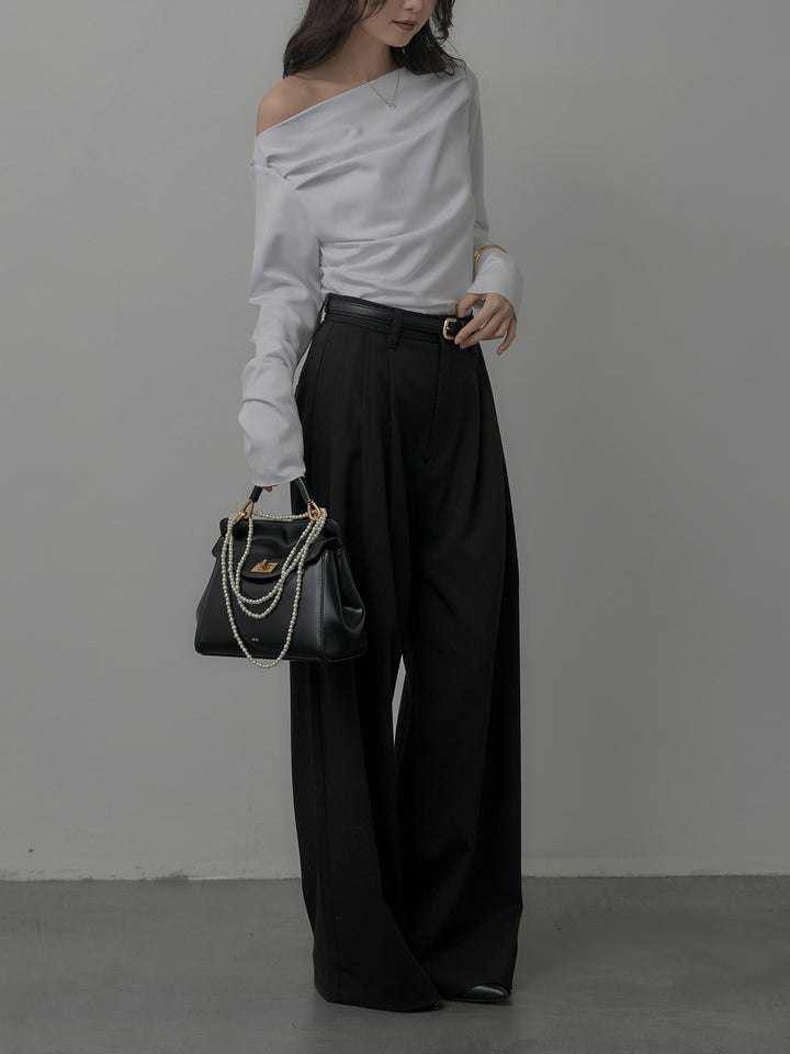 【SET】【Essential】2wayショルダードレープカットトップス+【Essential】３タックスラックス(2set)