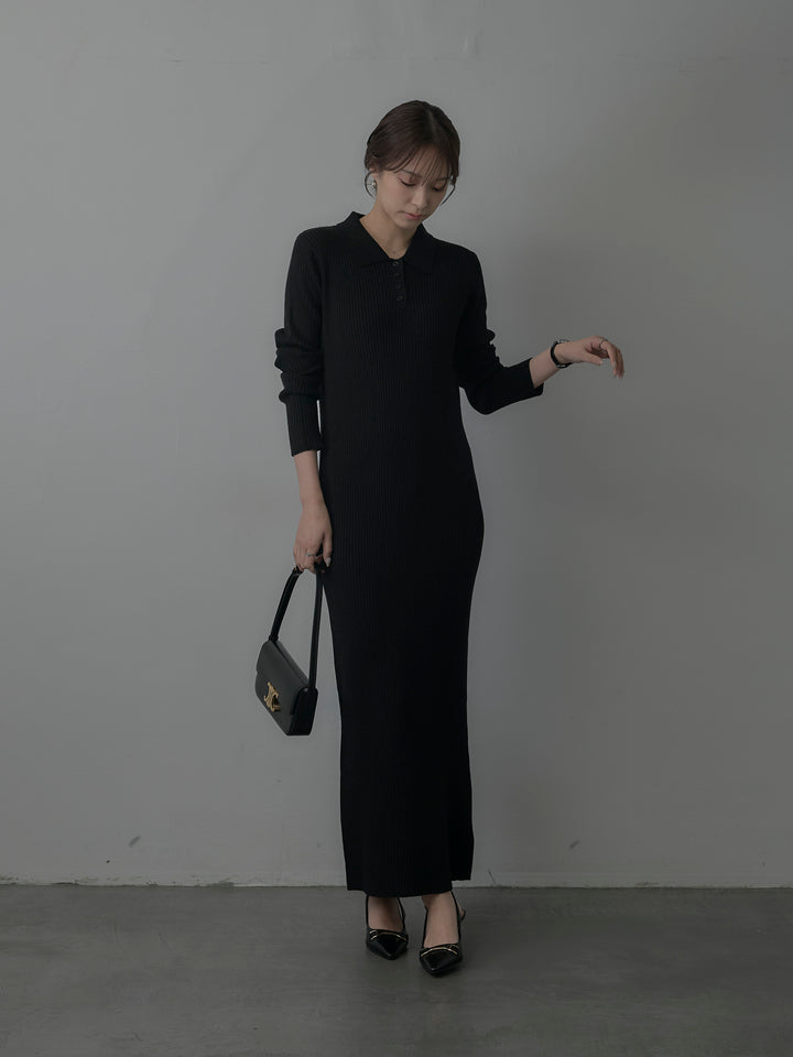 ポロ襟リブニットワンピース