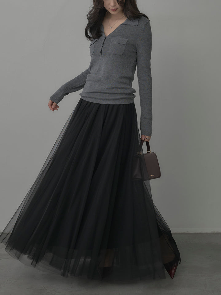 【SET】ポケットデザインリブニットトップス+ボリュームチュールスカート(2set)