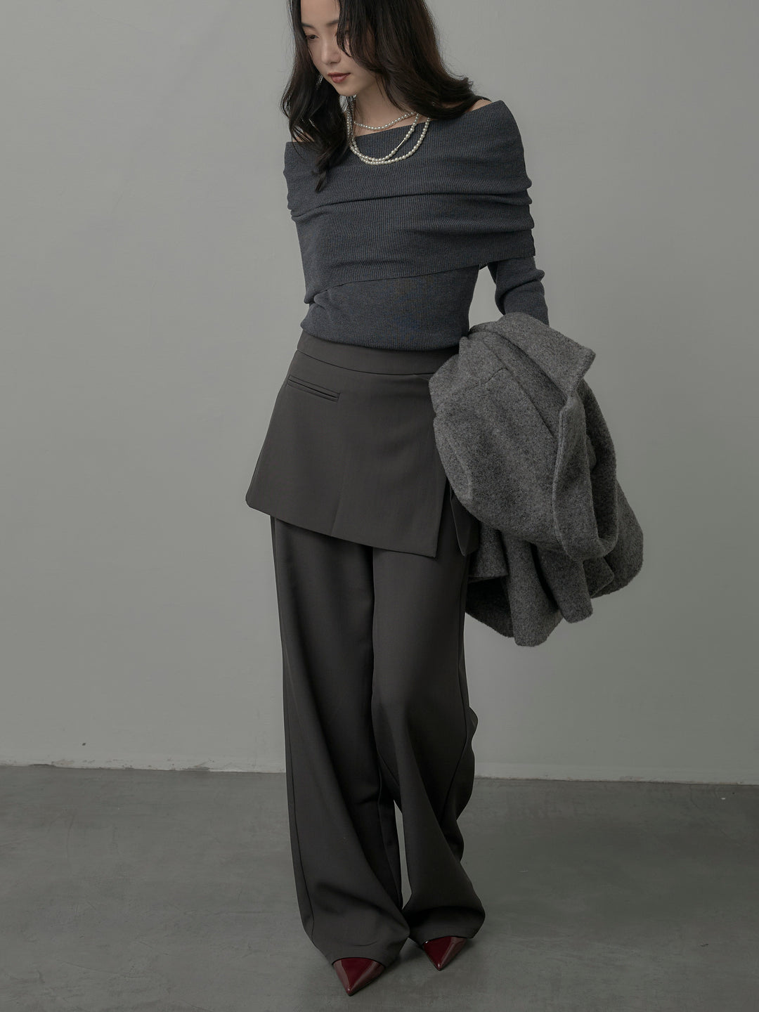 【SET】【Essential】オーバーサイズジャケットコート+オフショルリブニットトップス+ラップワイドパンツ(3set)