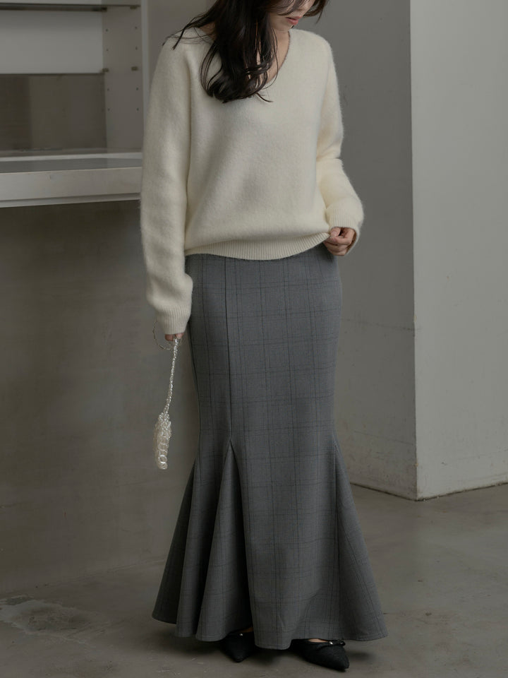 【SET】モヘアタッチVネックニットプルオーバー+【Essential】チェック柄マーメイドスカート(2set)