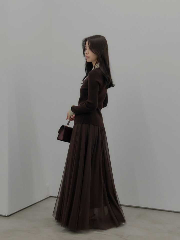 【SET】配色カフスニットポロ+ボリュームチュールスカート(2set)