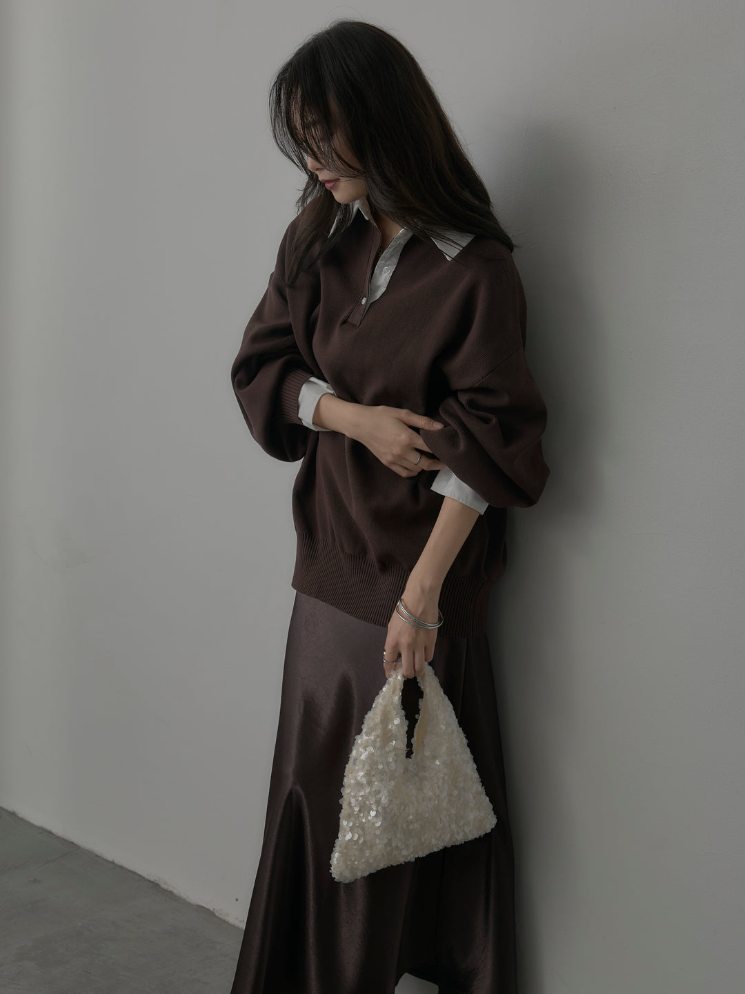 【SET】襟付きポロトップス+ナローAラインサテンスカート(2set)