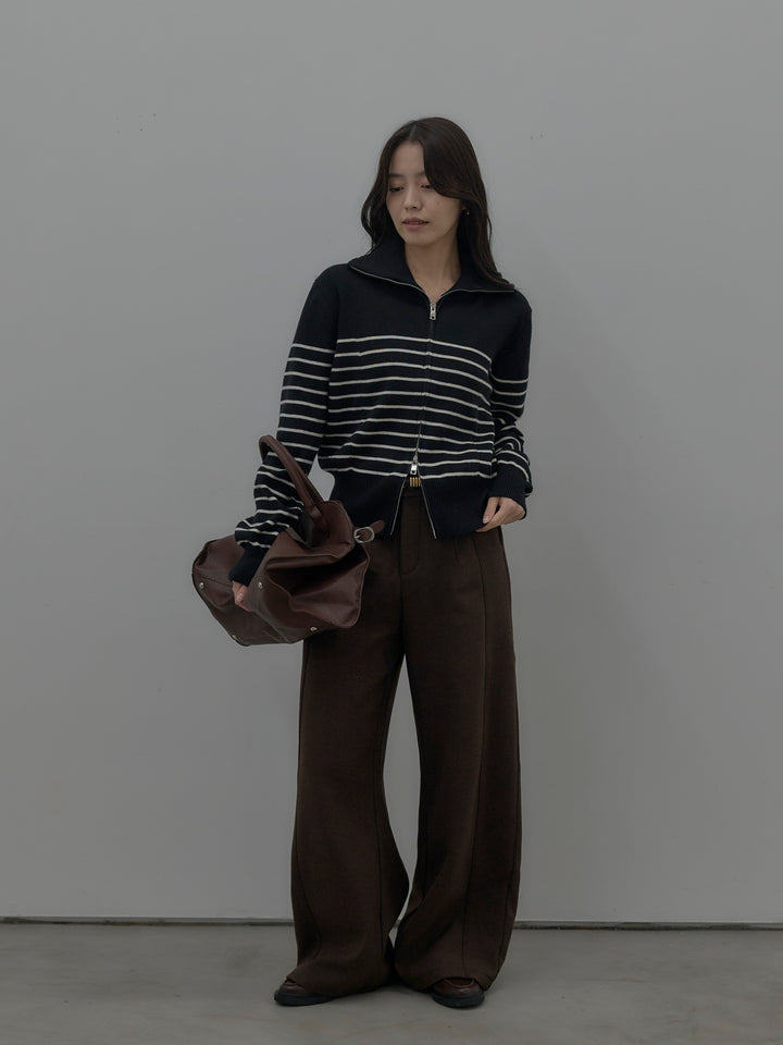 【SET】ダブルZIPハイネックボーダーニットトップス+裏起毛デザインワイドパンツ(2set)