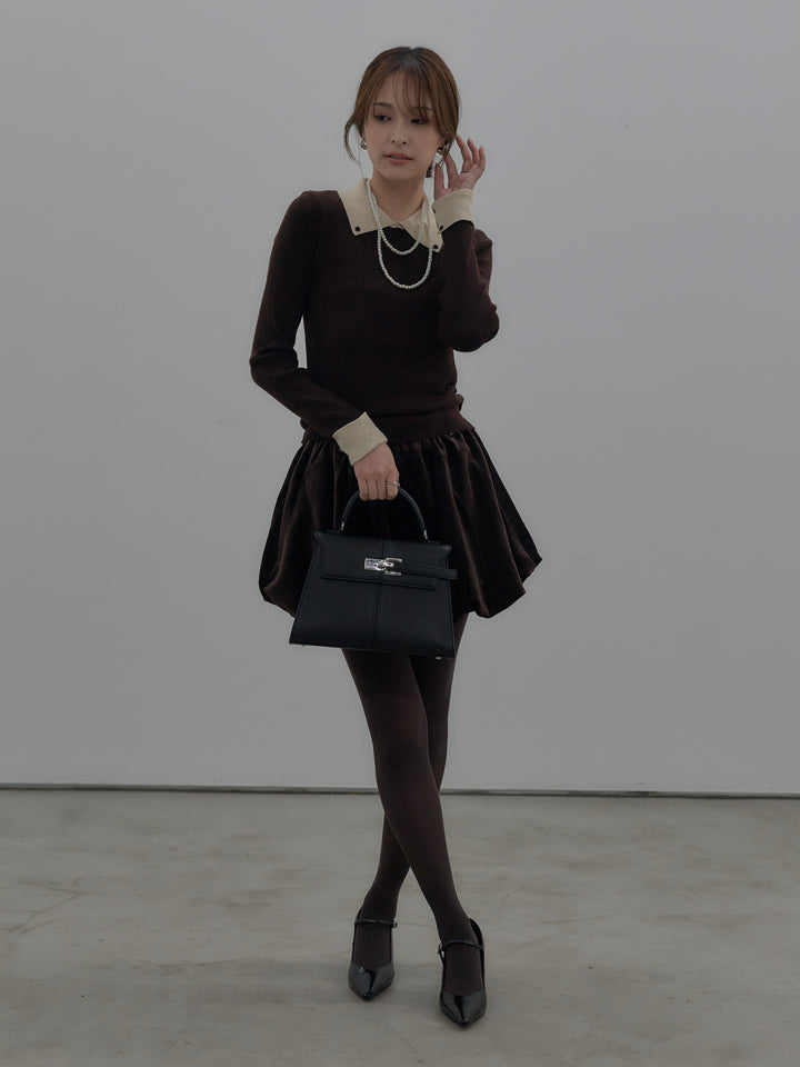 【SET】配色カフスニットポロ+ベロアバルーンミニスカート(インパン付き)(2set)