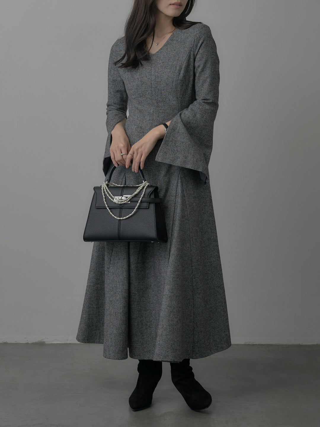 【Essential】2wayスリーブヘリンボーンフレアワンピース