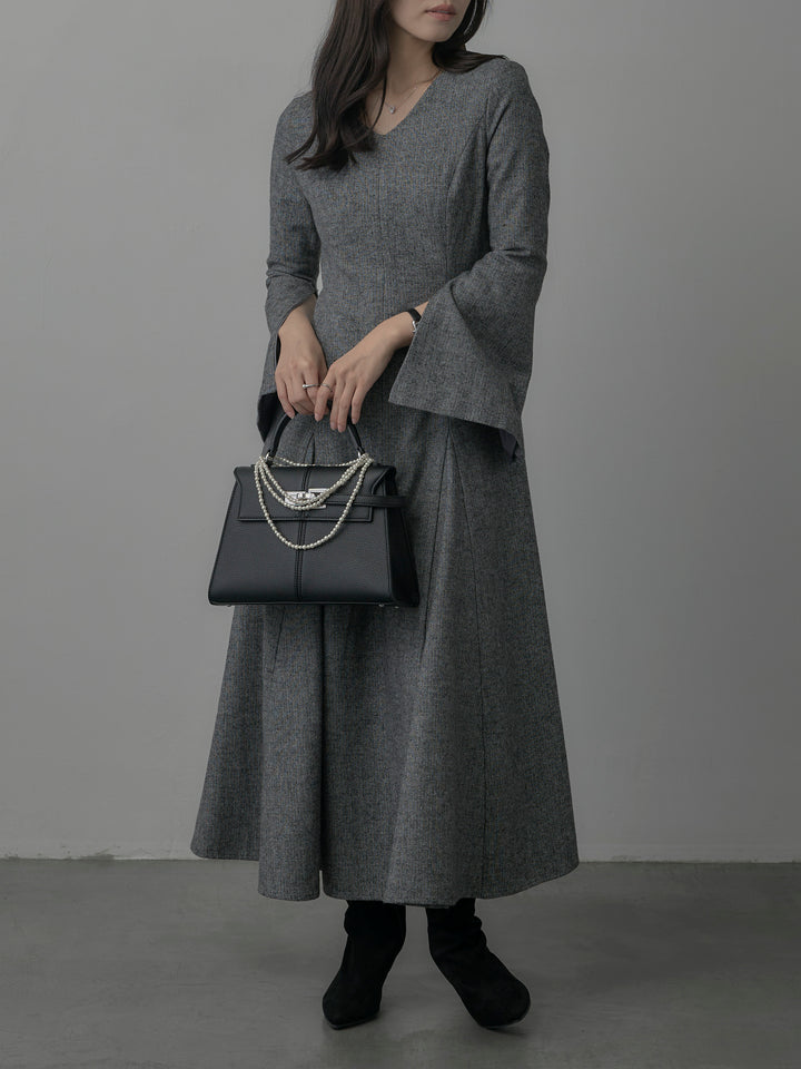 【Essential】2wayスリーブヘリンボーンフレアワンピース