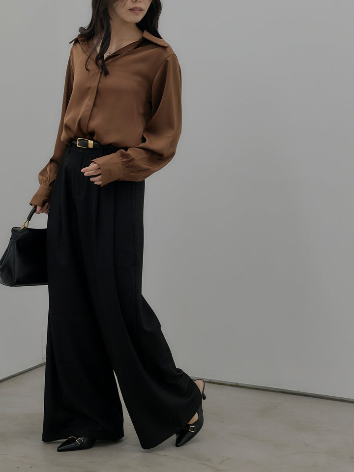 【SET】比翼仕立てサテンシャツ+デザインタックワイドパンツ(2set)