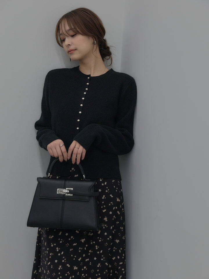 【SET】メタルボタンリブニットカーディガン+フラワーパターンマーメイドフレアスカート(2set)