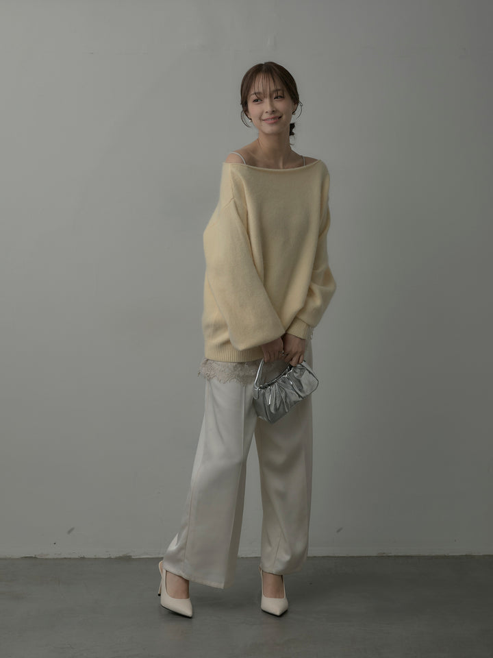 【SET】【premium touch】2wayショルダーニットプルオーバー+レースサテンキャミソール+【Essential】センタープレスサテンパンツ(3set)