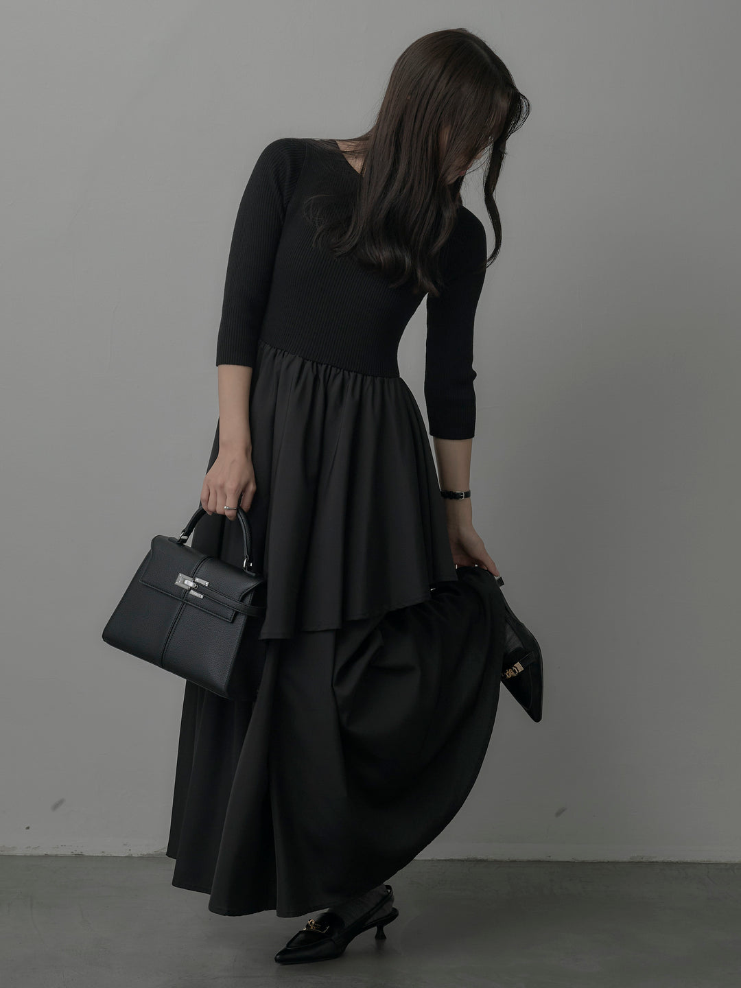 【Essential】7部袖リブドッキングワンピース