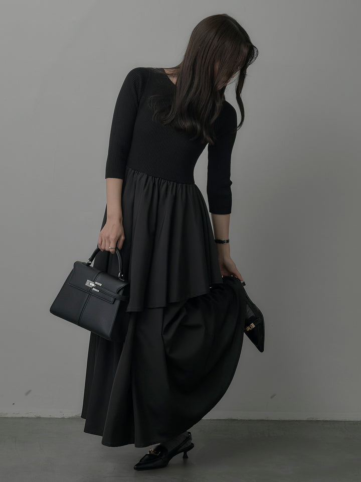 【Essential】7部袖リブドッキングワンピース