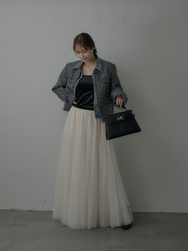 【SET】デニムドッキングオーバーサイズツイードジャケット+ボリュームチュールスカート(2set)