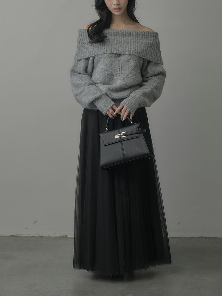 【SET】メランジニットオフショルトップス+ボリュームチュールスカート(2set)