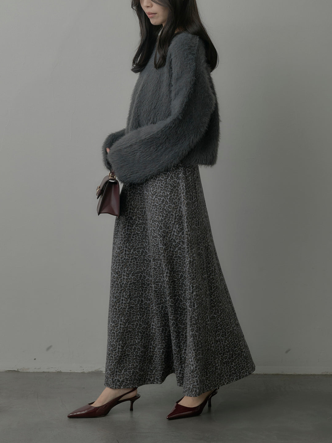 レオパードウールタッチフレアスカート