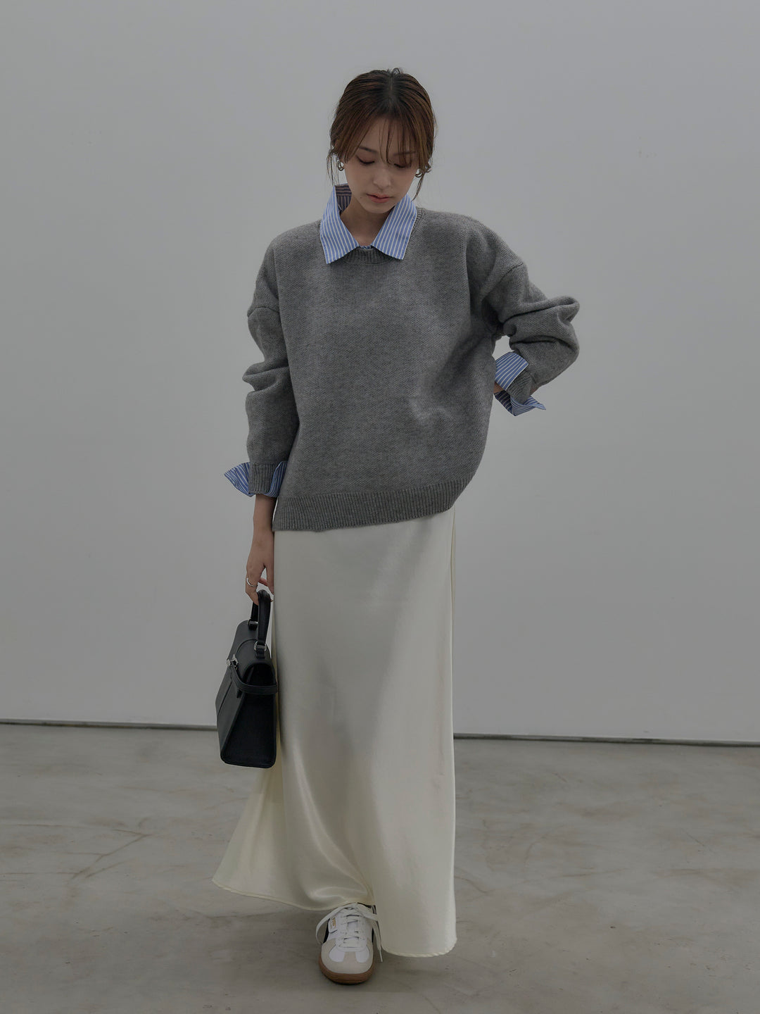 【SET】シャツドッキング肉厚ニットプルオーバー+ナローAラインサテンスカート(2set)