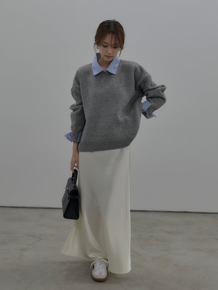 【SET】シャツドッキング肉厚ニットプルオーバー+ナローAラインサテンスカート(2set)