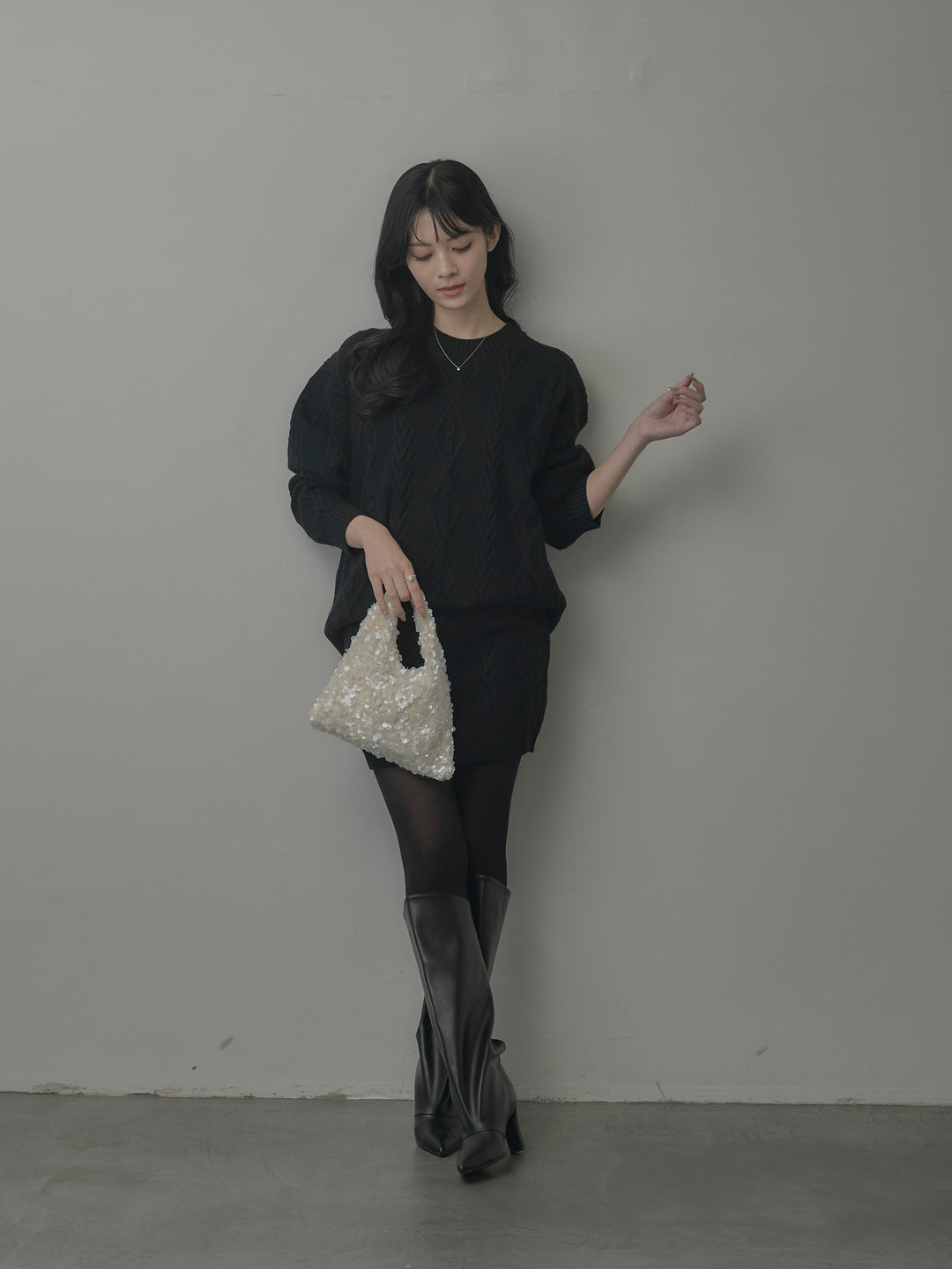 デザイン編みニットトップス&ミニスカート SET UP