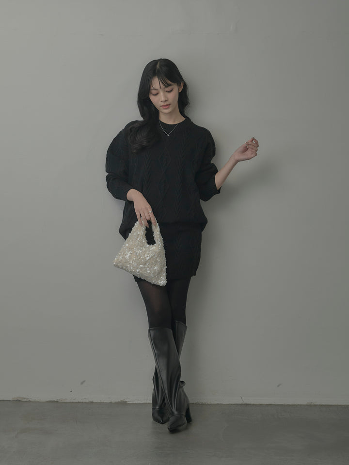 デザイン編みニットトップス&ミニスカート SET UP