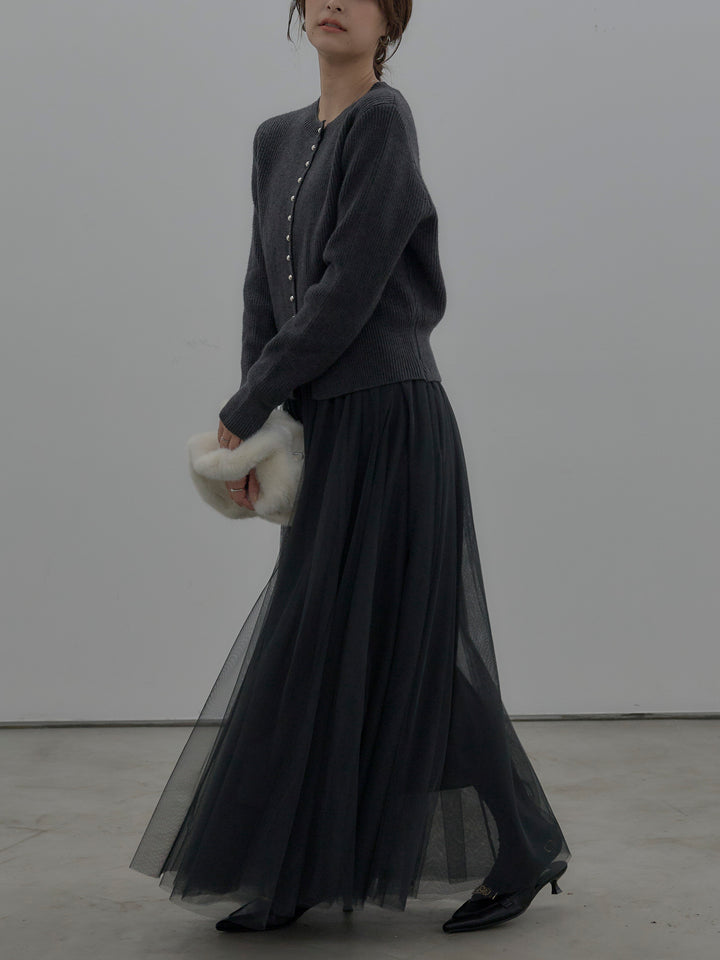 【SET】メタルボタンリブニットカーディガン+ボリュームチュールスカート(2set)
