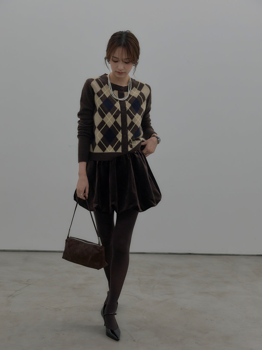 アーガイル柄コンパクトニットカーディガン