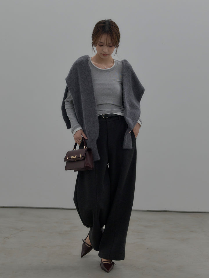 【SET】バイカラーレイヤードカットソー+カーブデザインスウェットライクパンツ(2set)