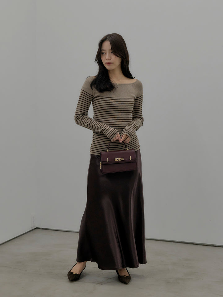 【SET】ハーフボーダーニットトップス+ナローAラインサテンスカート(2set)