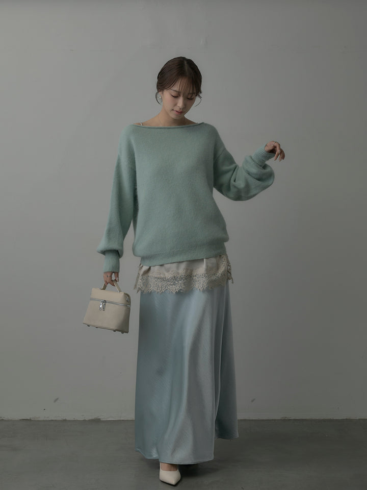 【SET】【premium touch】2wayショルダーニットプルオーバー+レースサテンキャミソール+ナローAラインサテンスカート(3set)