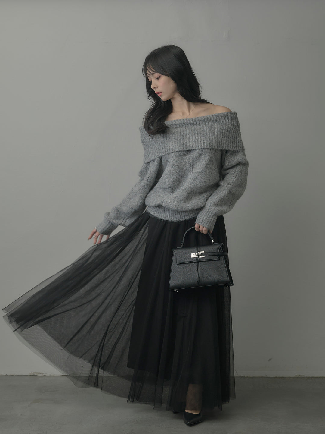 【SET】メランジニットオフショルトップス+ボリュームチュールスカート(2set)