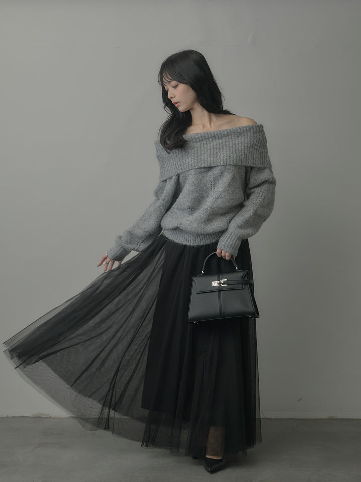 【SET】メランジニットオフショルトップス+ボリュームチュールスカート(2set)