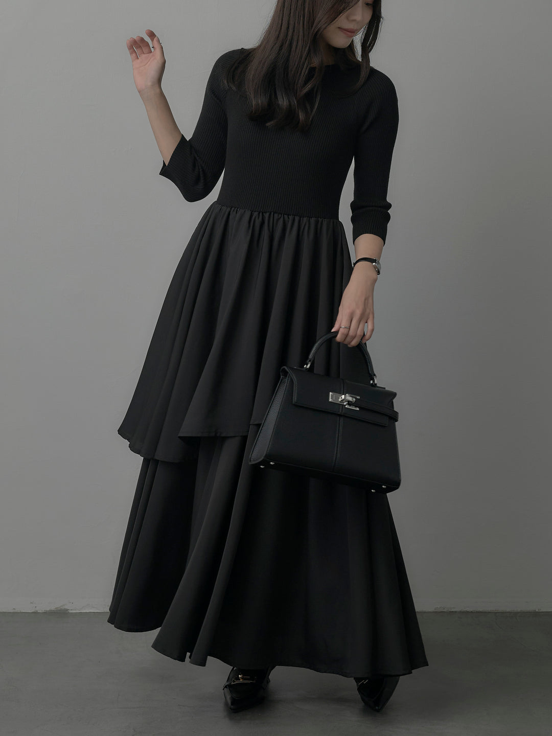 【Essential】7部袖リブドッキングワンピース