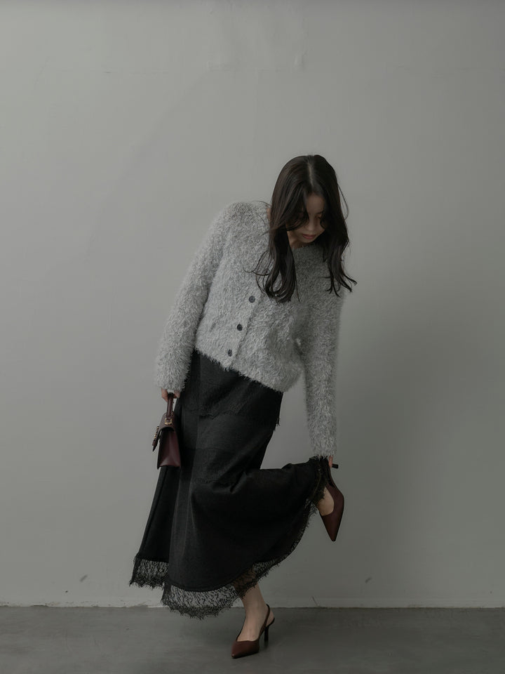 【SET】フェザーループニットカーディガン+レースデザインフレアスカート(2set)