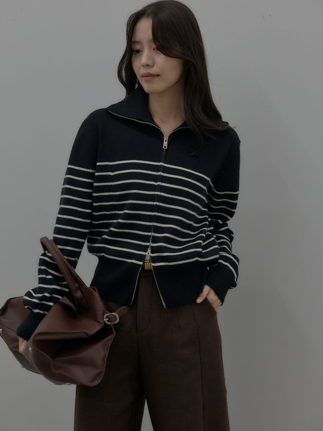 ダブルZIPハイネックボーダーニットトップス