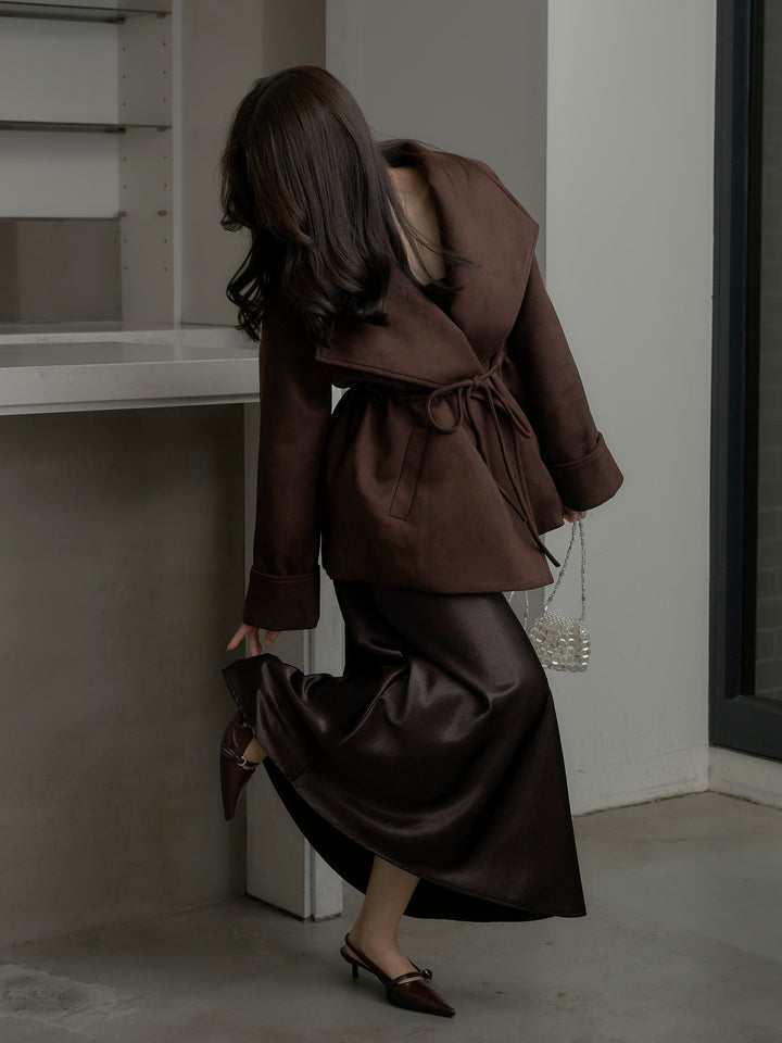 【SET】BIGカラースウェードジャケット+ナローAラインサテンスカート(2set)