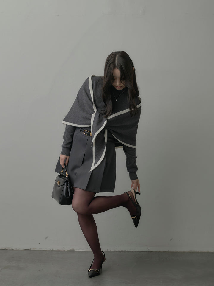 【SET】配色スカーフ付きニットトップス+ベルト付きプリーツミニスカート(2set)