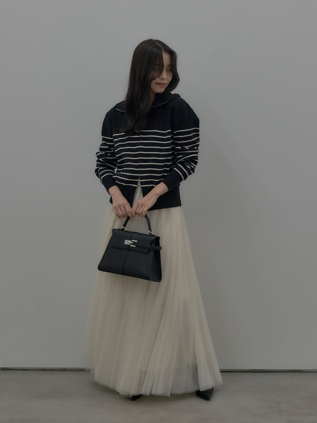 【SET】ダブルZIPハイネックボーダーニットトップス+ボリュームチュールスカート(2set)