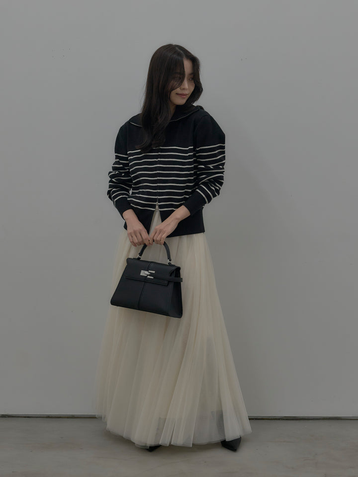 【SET】ダブルZIPハイネックボーダーニットトップス+ボリュームチュールスカート(2set)
