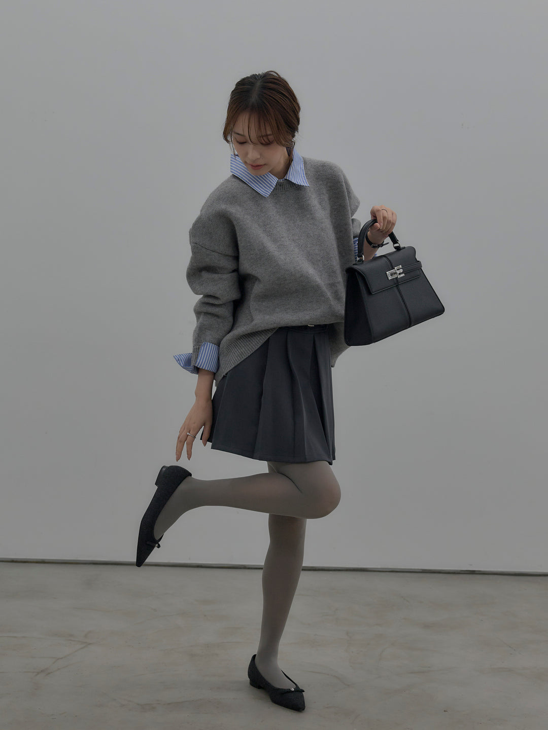 【SET】シャツドッキング肉厚ニットプルオーバー+ベルト付きプリーツミニスカート(2set)